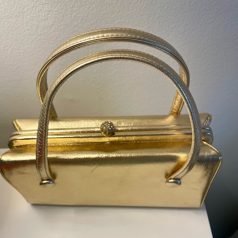 After Five Gold Leather Bag Rhinestone Clasp Vintage 1960’s